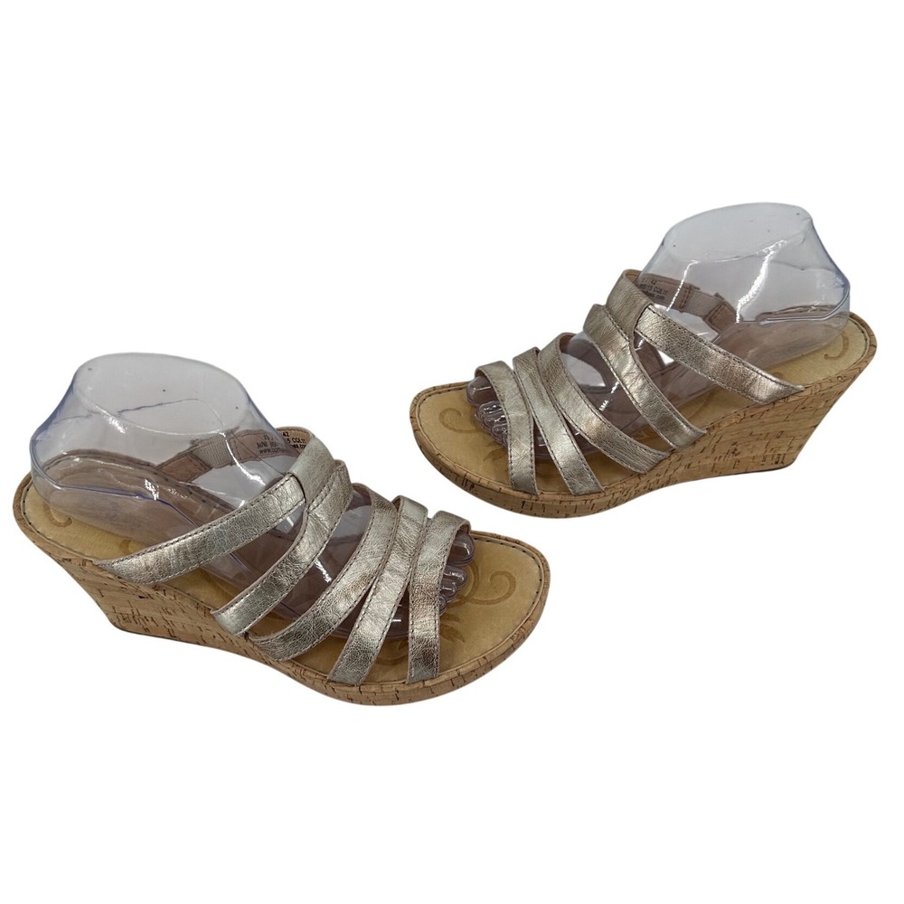 Born Metallic Gold Leather Strappy Cork Wedge Sandals B05115 Women's 10 boho